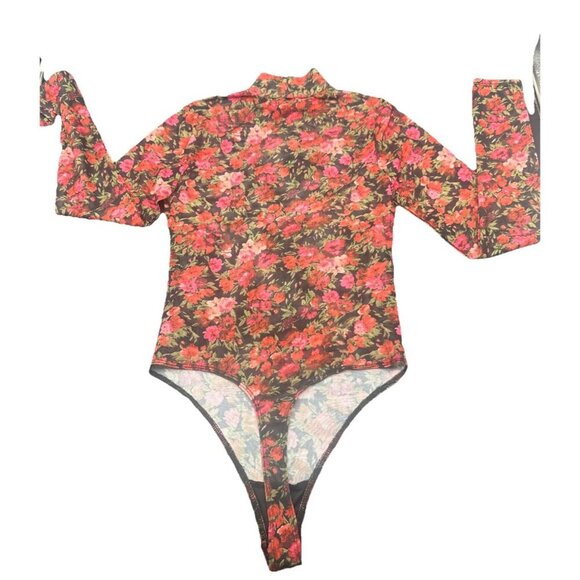 Good American BLACK W/ PINK RED Floral Mesh Mock Neck Bodysuit Thong Sz 2 - Picture 8 of 11